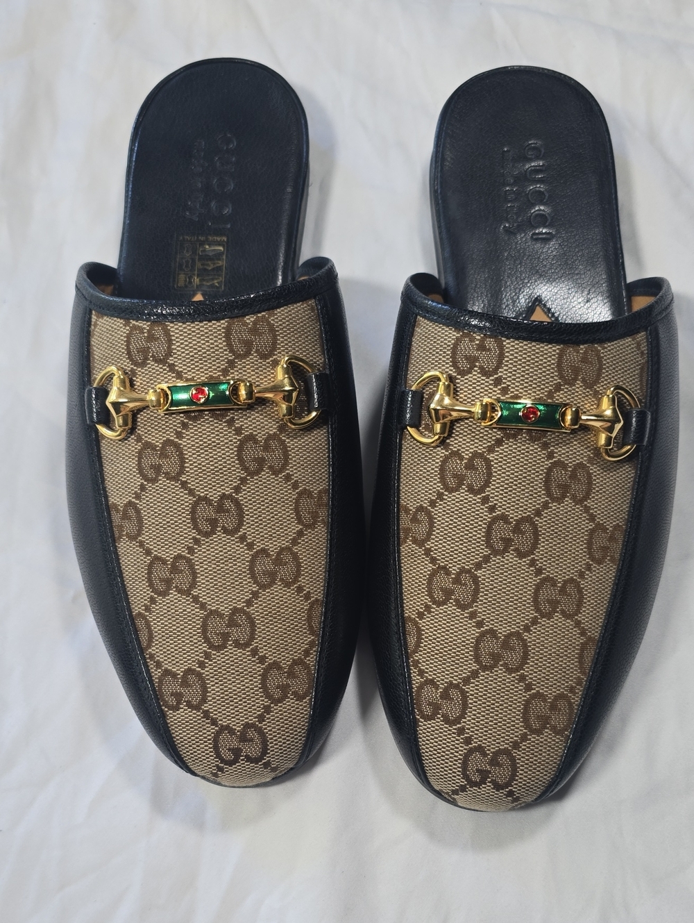 Gucci Brown & Black GG Canvas Slip-On Mules with Gold Horsebit